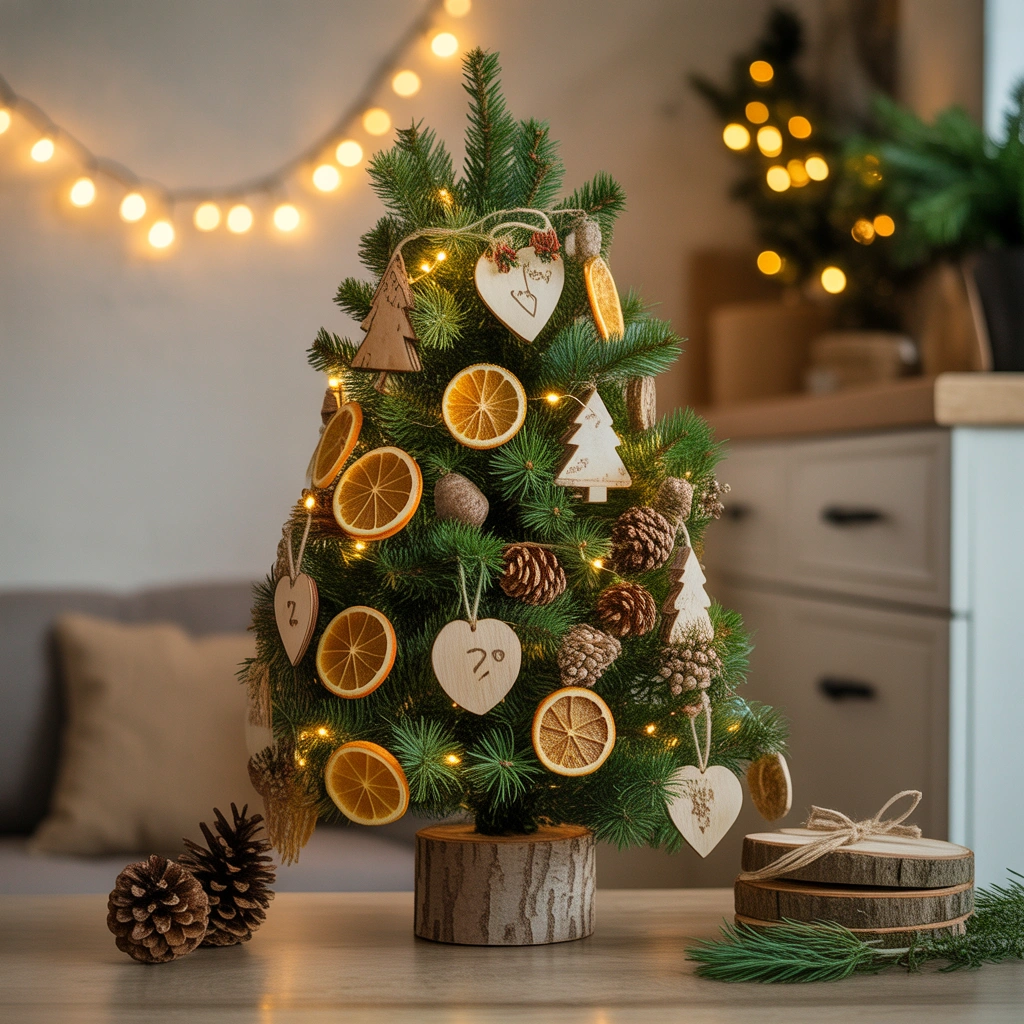 Use Natural Greenery and Wooden Decorations for an Organic Slim Tree