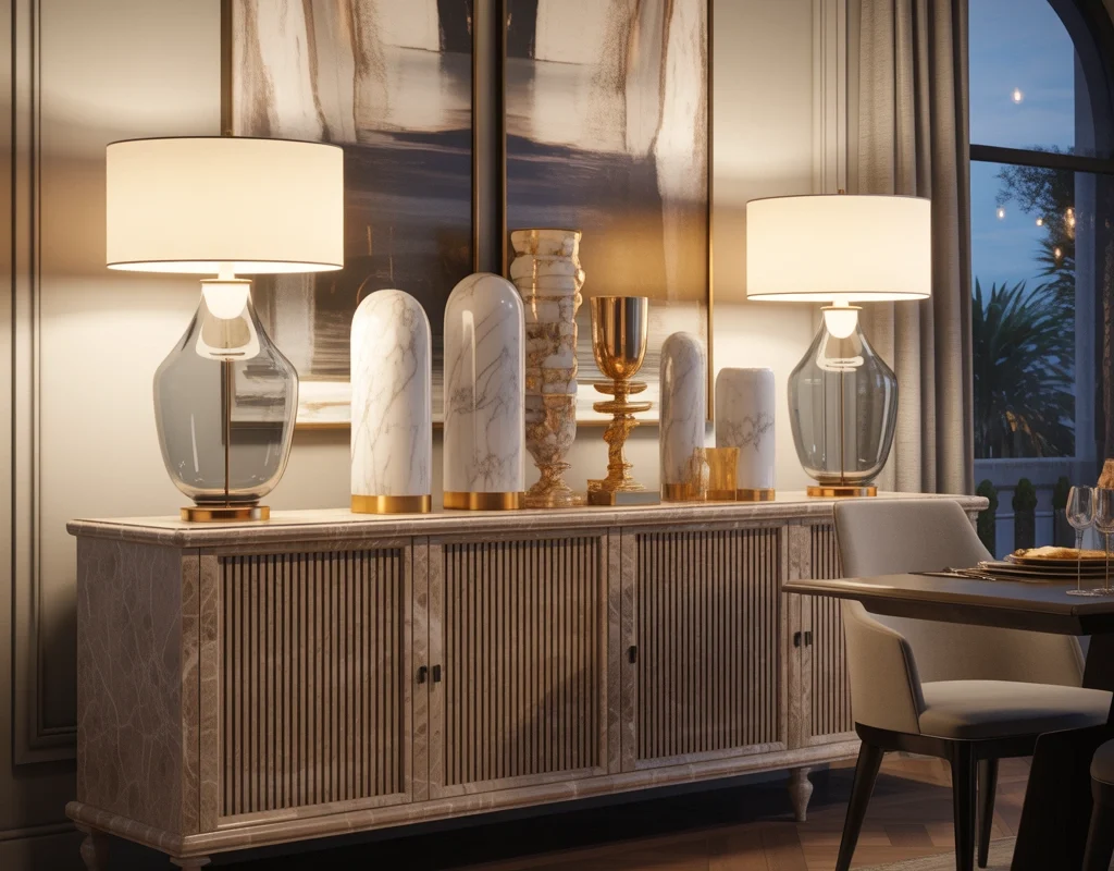 Use Two Glass Lamps for an Elegant Luxury Dining Room Buffet Look