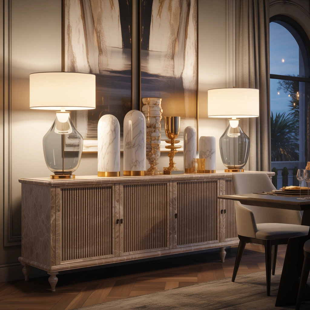 Use Two Glass Lamps for an Elegant Luxury Dining Room Buffet Look