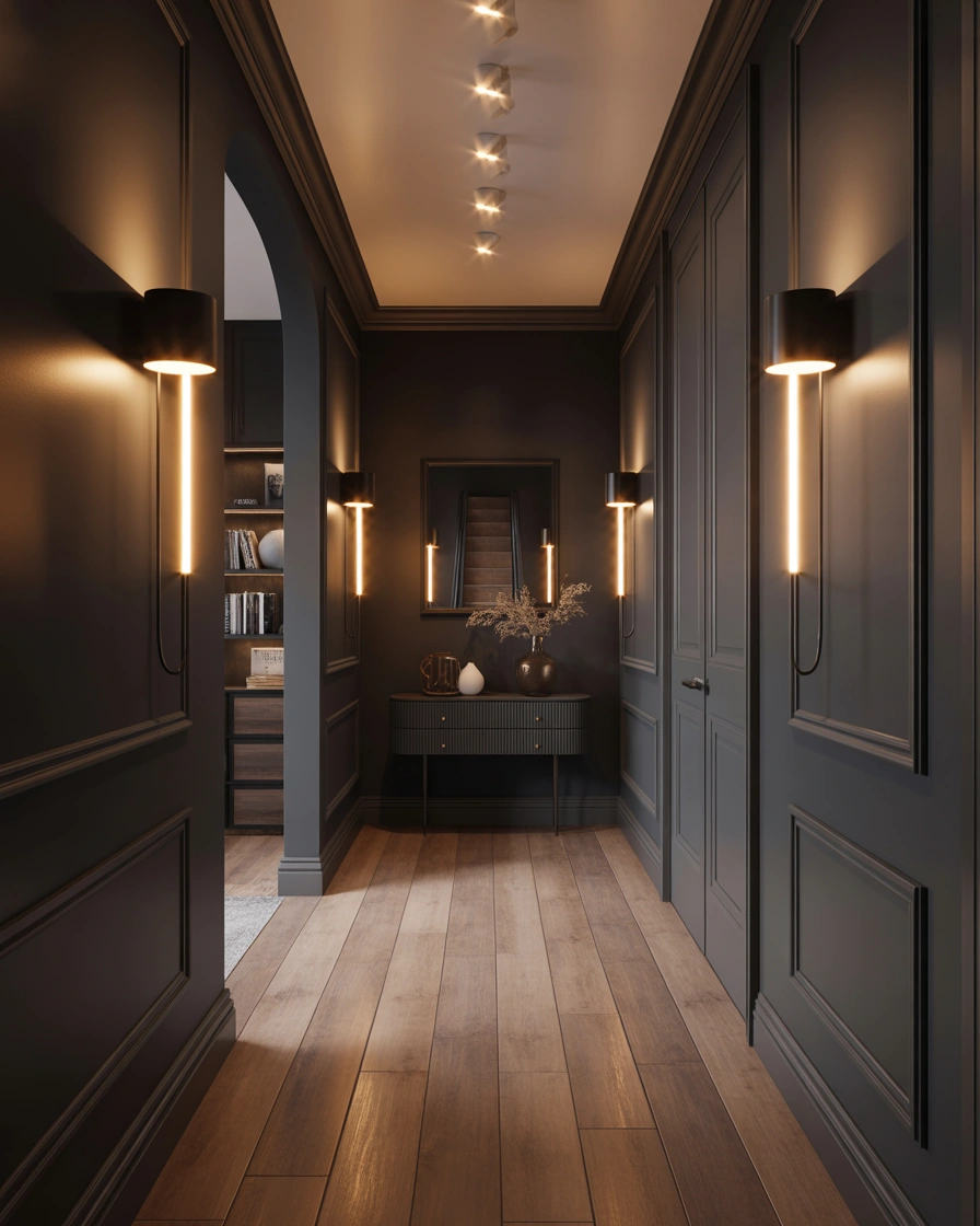 Use Warm Layered Lighting to Brighten a Dark Narrow Hallway