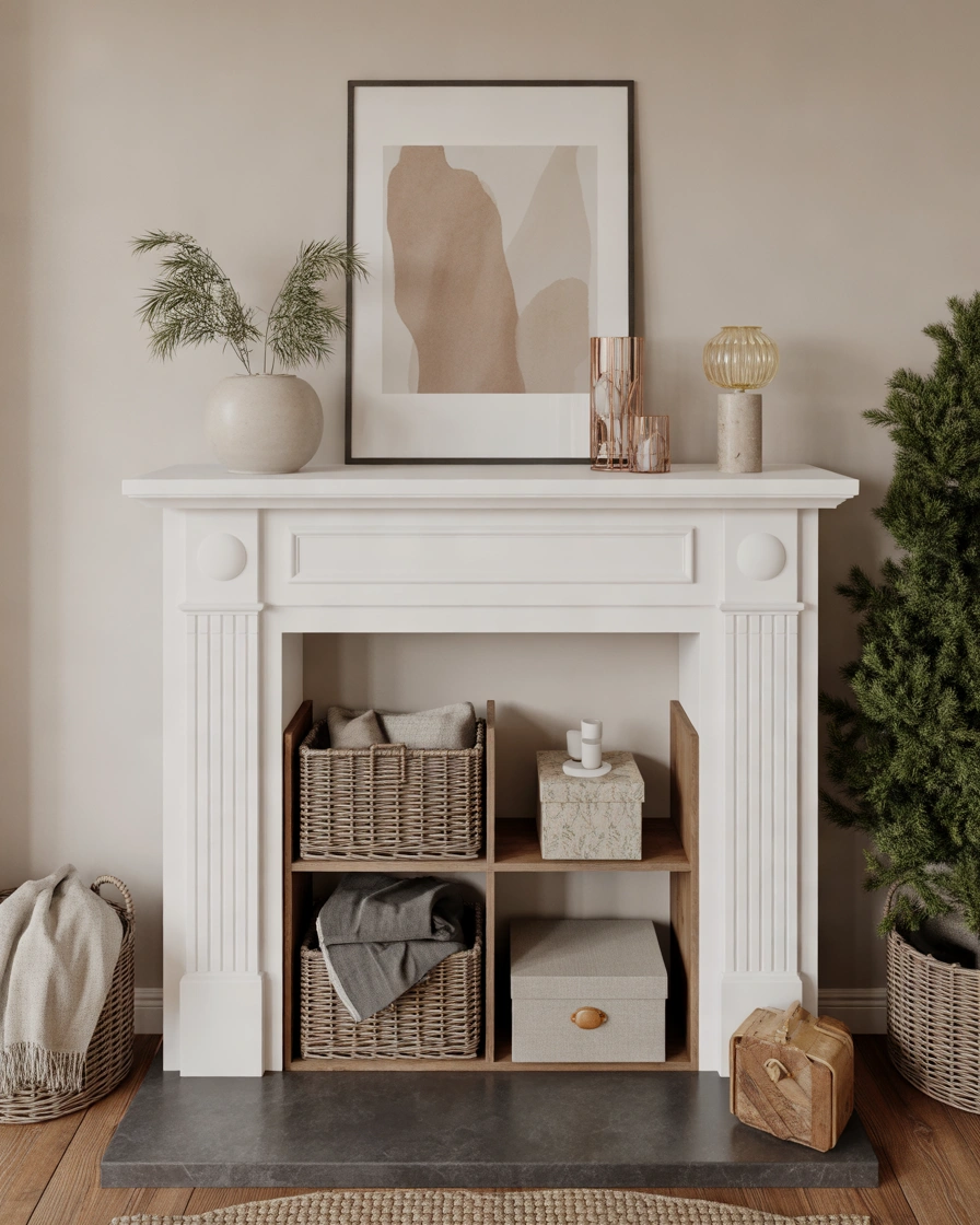 Use Your Empty Fireplace as a Decorative Storage Space
