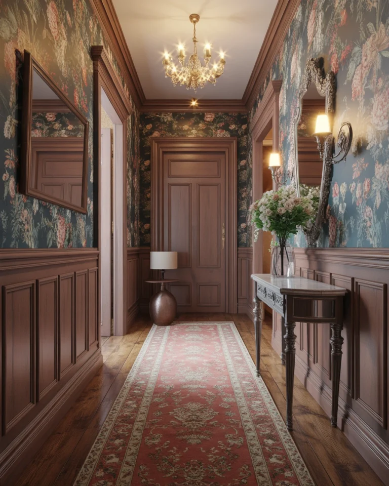 Victorian Inspired Hallway With Traditional Wall Panelling and Vintage Wallpaper
