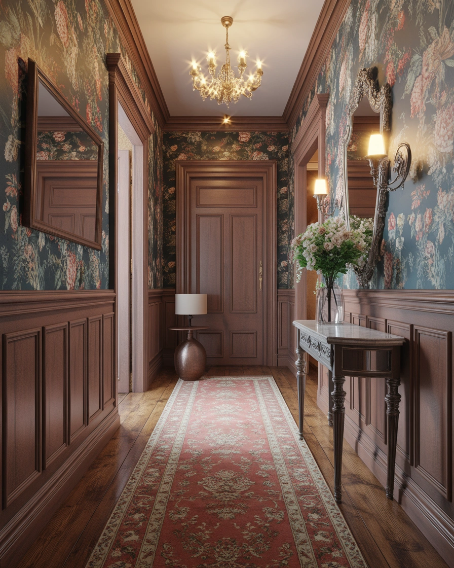 Victorian Inspired Hallway With Traditional Wall Panelling and Vintage Wallpaper