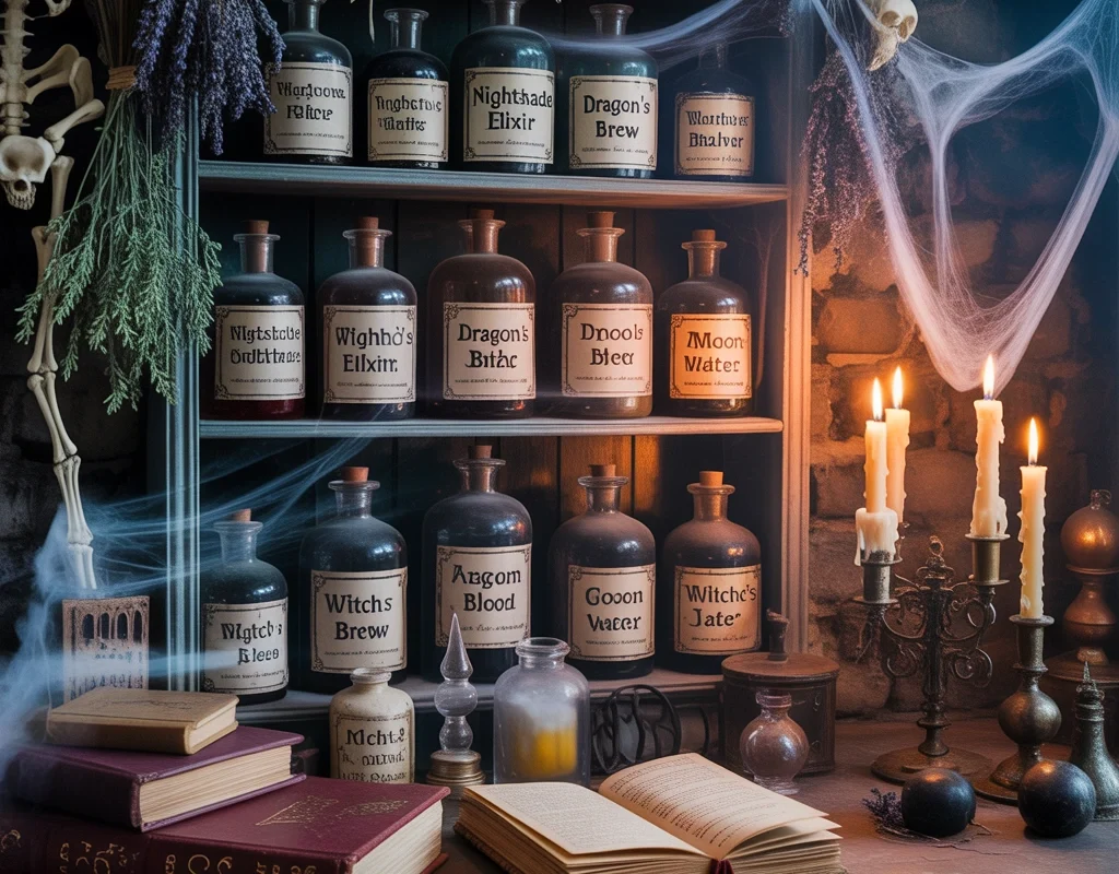 Vintage Halloween Potion Bottles and Apothecary Displays