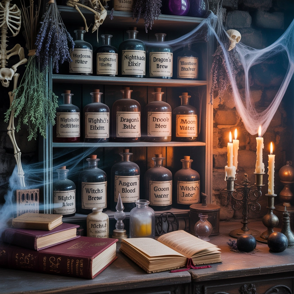 Vintage Halloween Potion Bottles and Apothecary Displays