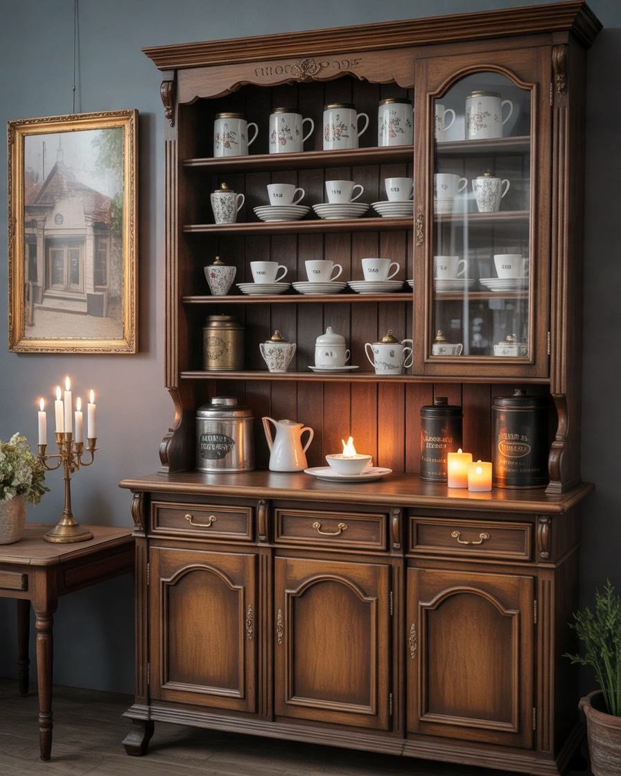 Vintage Inspired Coffee Bar Hutch With Antique Details