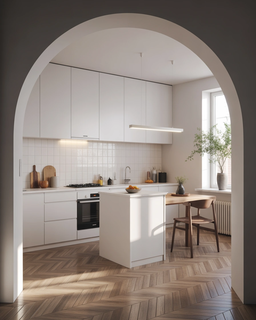 White Minimal Open Kitchen Arch Design for Small Spaces