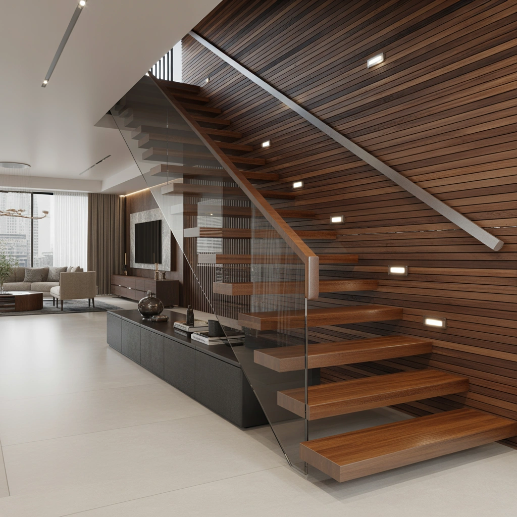 Wooden Floating Wall Stairs With Glass Railing