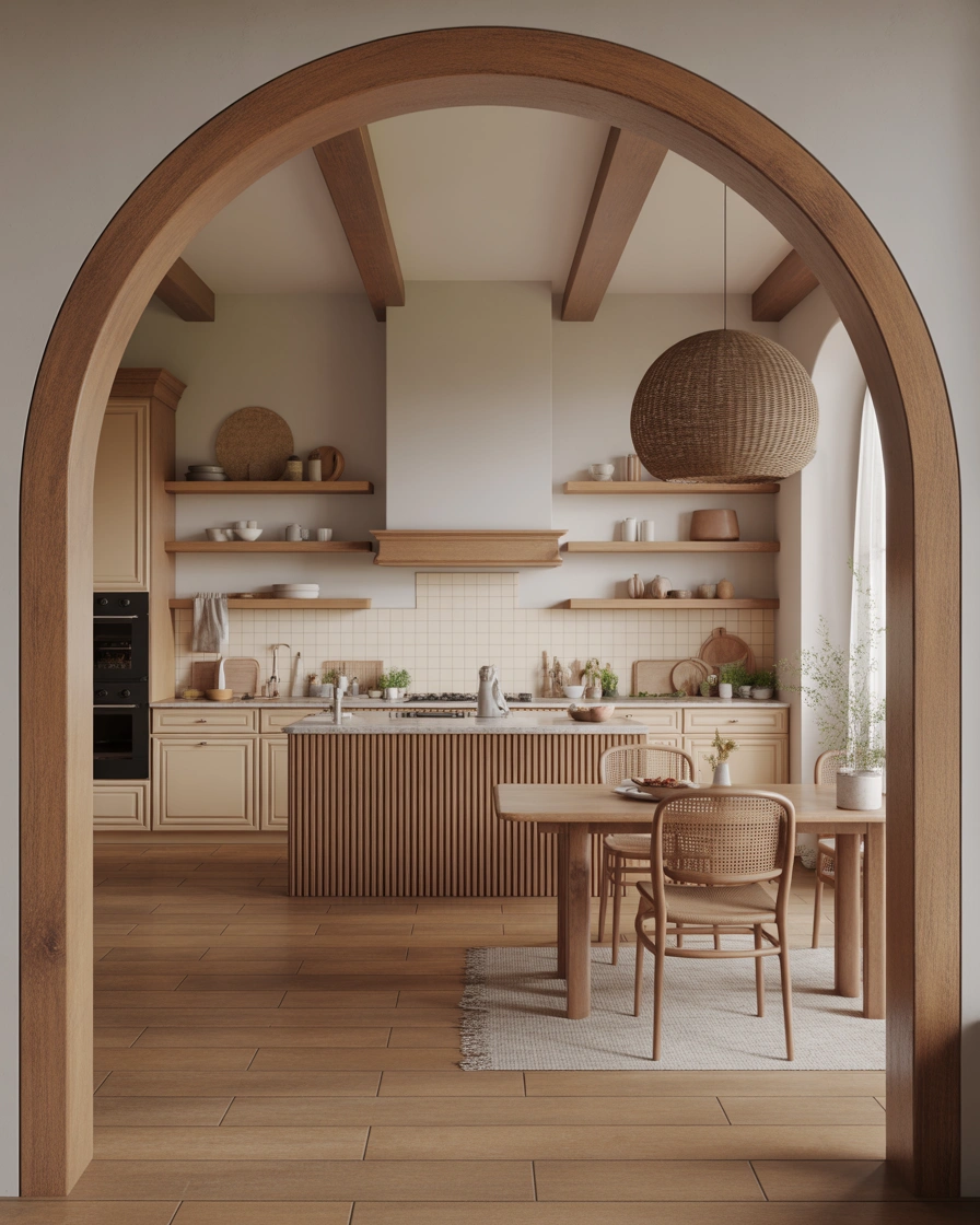 Wooden Frame Open Kitchen Arch Design for Warm Interiors