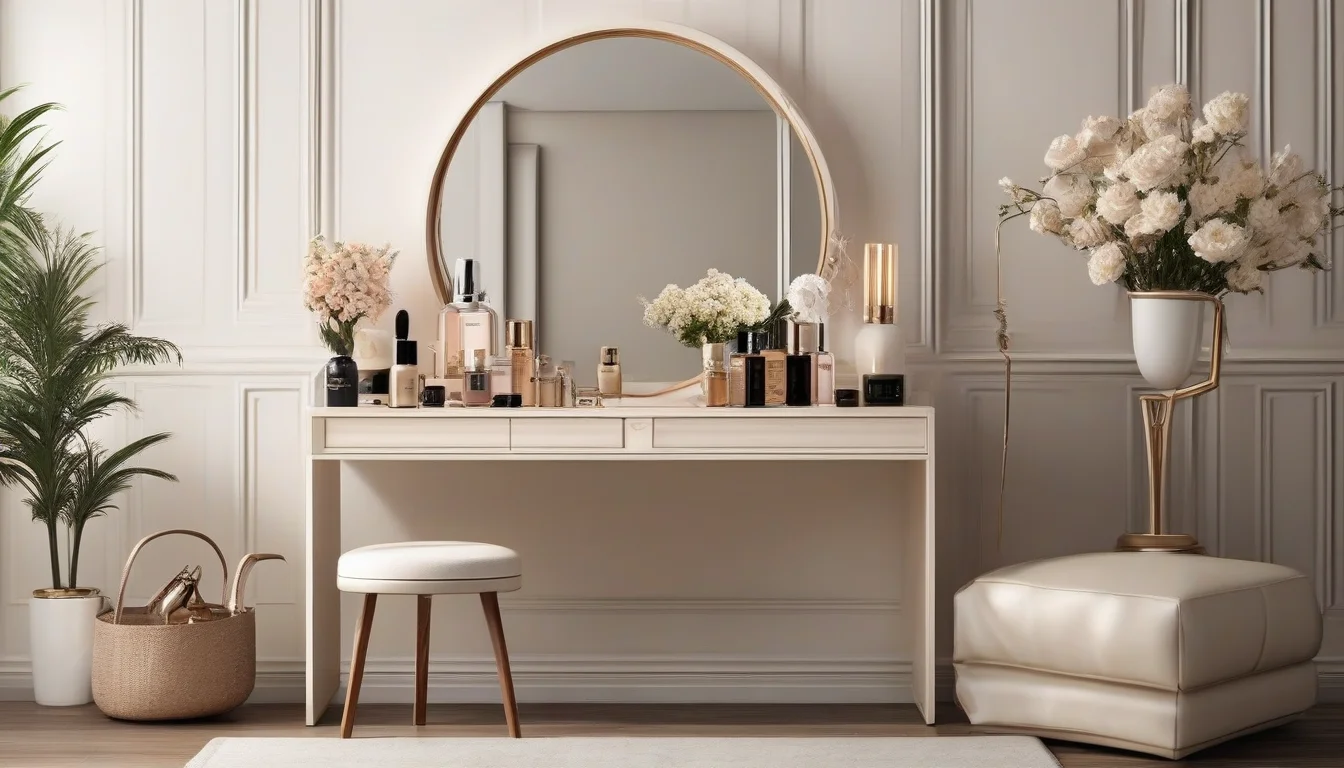 A realistic elegant girl vanity corner with round mirror, wooden dressing table, organized makeup storage, perfume bottles, fresh flowers in ceramic vase, soft lighting, comfortable chair, minimal luxury bedroom interior, beige and cream colors, modern feminine aesthetic, realistic home photography, no wallpaper.