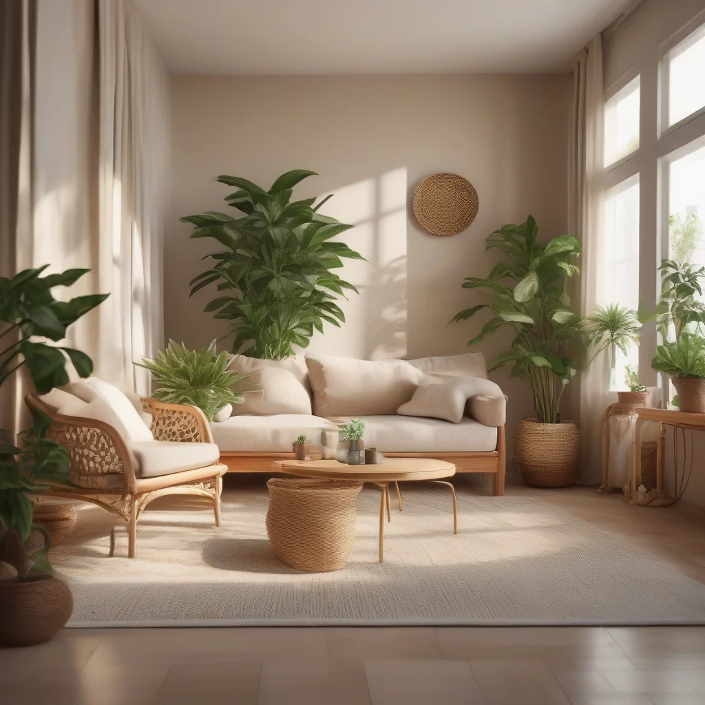 A realistic interior photography scene of a modern cozy living room with large indoor green plants, wooden furniture, natural sunlight coming through large windows, beige sofa, ceramic plant pots, woven basket, warm neutral color palette, realistic home atmosphere, high-end interior photography, no people, no wallpaper.
