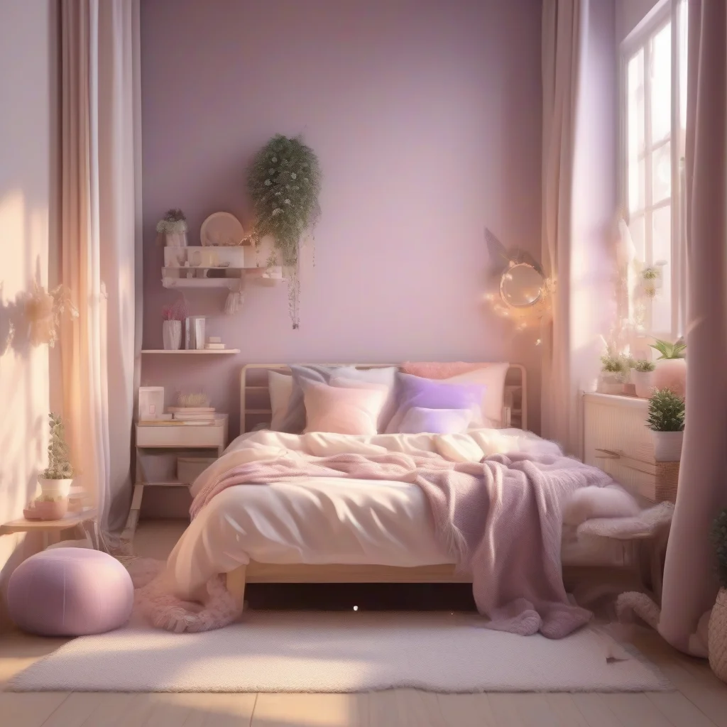 A realistic modern girl bedroom with pastel pink, lavender, and cream color palette, cozy bed with fluffy cushions, warm fairy lights, small indoor plants, wooden bedside table, soft rug, reading chair near window, natural sunlight entering the room, elegant feminine interior design, realistic photography style, no wallpaper.