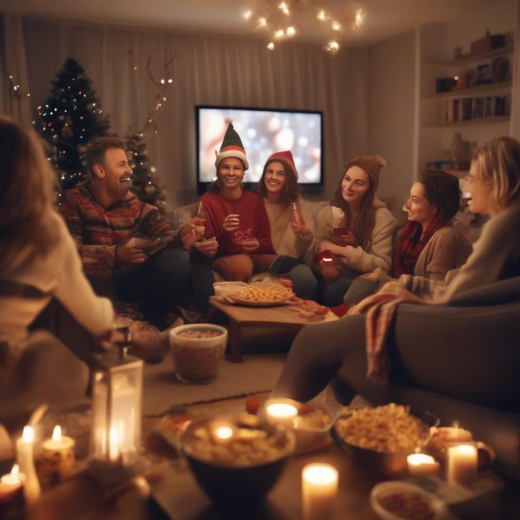 Family and friends enjoying a New Year movie night at home, people sitting with blankets and snacks, television showing festive countdown, warm indoor lighting, realistic lifestyle photography, cozy emotional atmosphere, 16:9