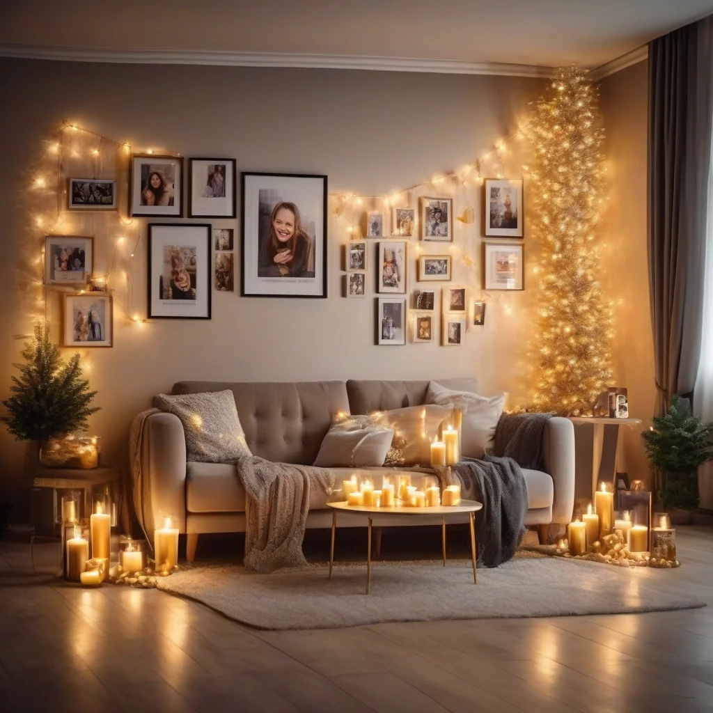 Realistic living room decorated for New Year celebration, golden fairy lights, elegant candles, photo memory wall with family pictures, comfortable sofa, modern home interior, cozy festive atmosphere, professional interior photography, 16:9