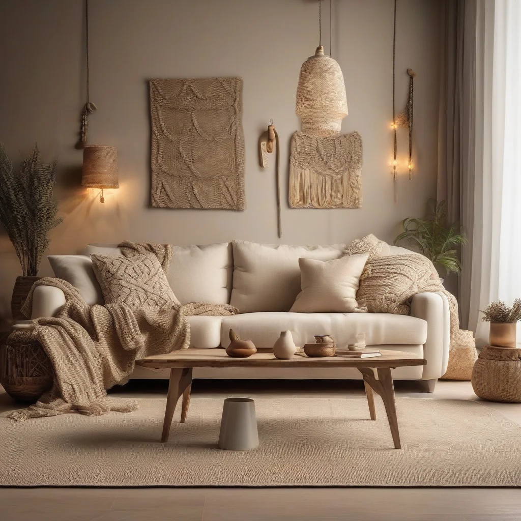 Realistic luxury living room interior with layered textures, comfortable beige sofa, knitted throw blanket, patterned cushions, wooden coffee table, soft warm lighting, large rug, elegant decorative objects, cozy family home atmosphere, professional interior photography, no people, no wallpaper.