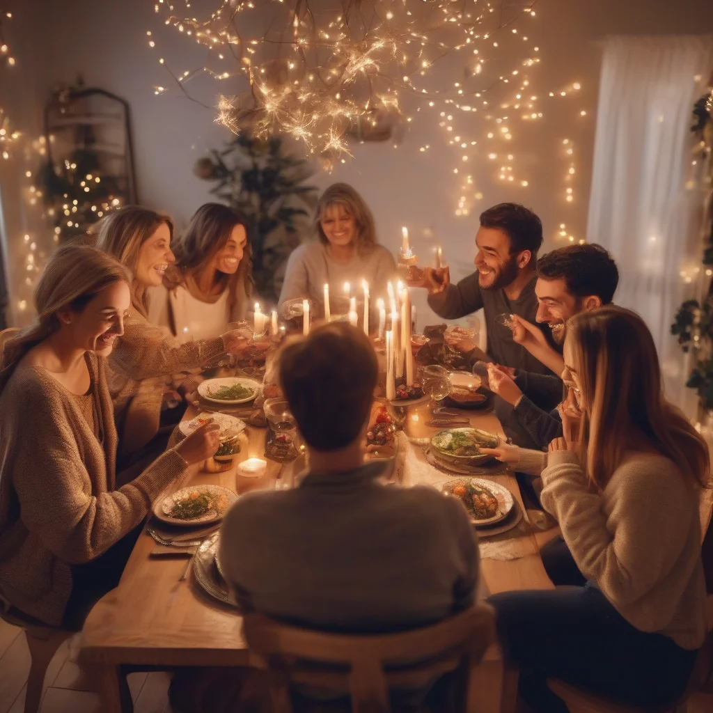 A warm and realistic indoor New Year night gathering at home, friends and family sitting around a beautifully decorated dining table, fairy lights, candles, elegant dinner setup, people laughing and sharing memories, realistic photography style, natural lighting, 16:9