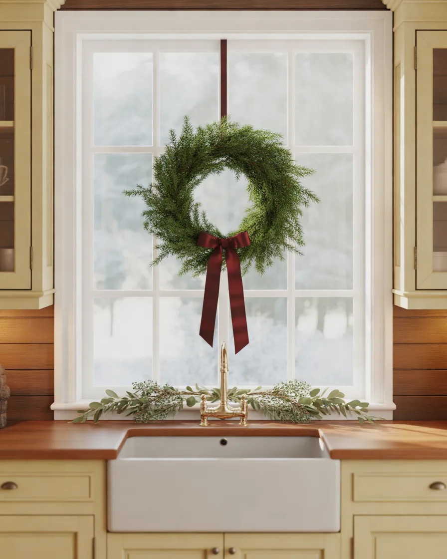 Add-Christmas-Wreaths-to-Kitchen-Windows