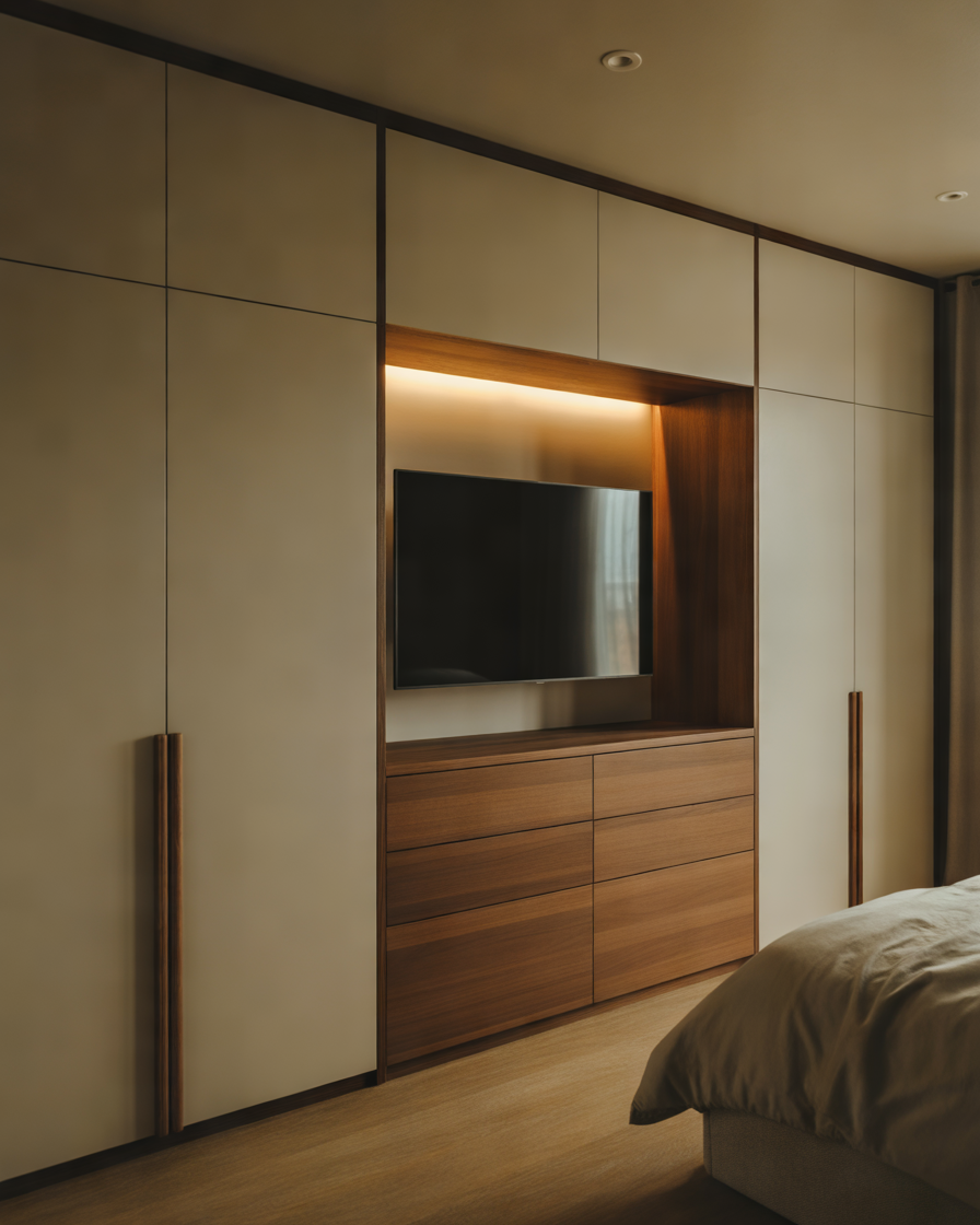 Bedroom-Wardrobe-With-TV-Above-Storage-Drawers