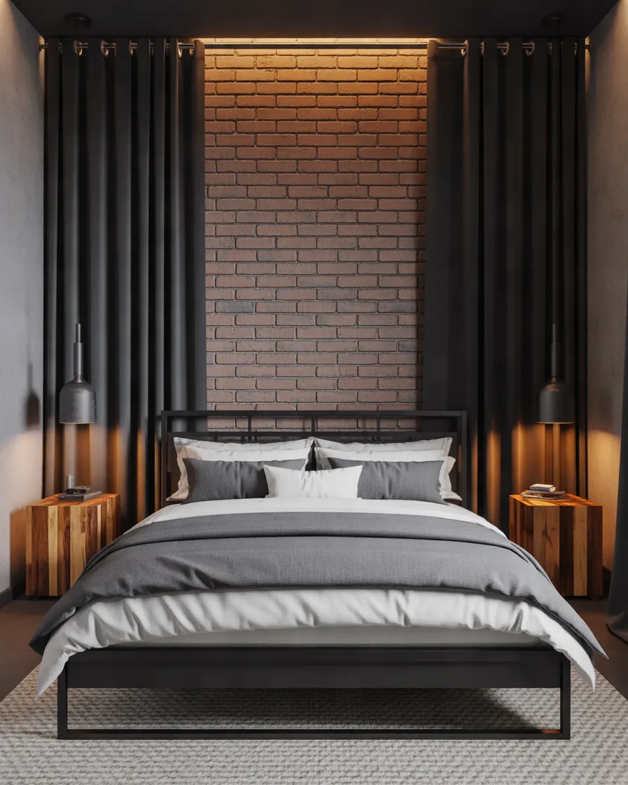 Black-Curtains-in-an-Industrial-Style-Bedroom