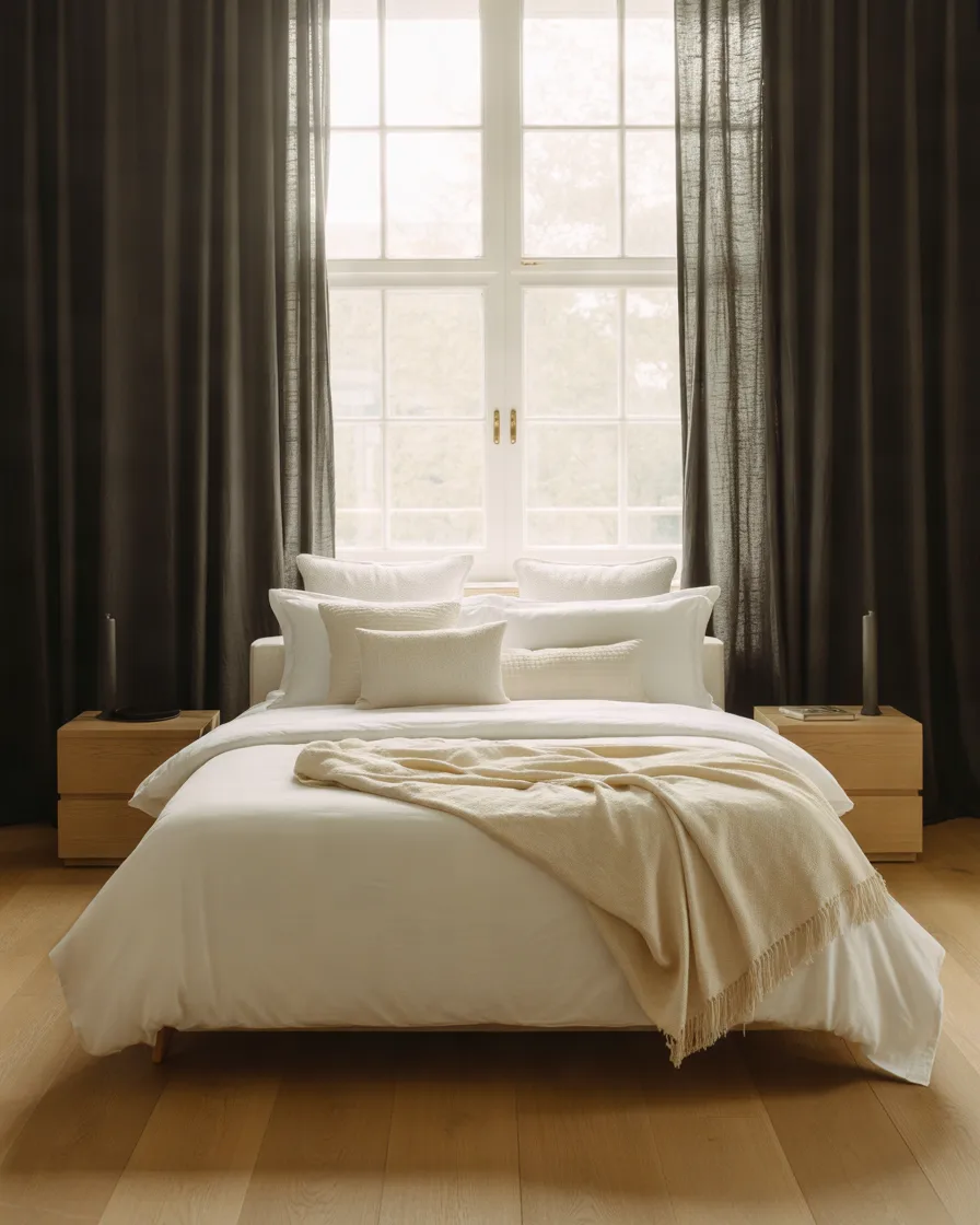 Black-Curtains-with-Crisp-White-Bedding
