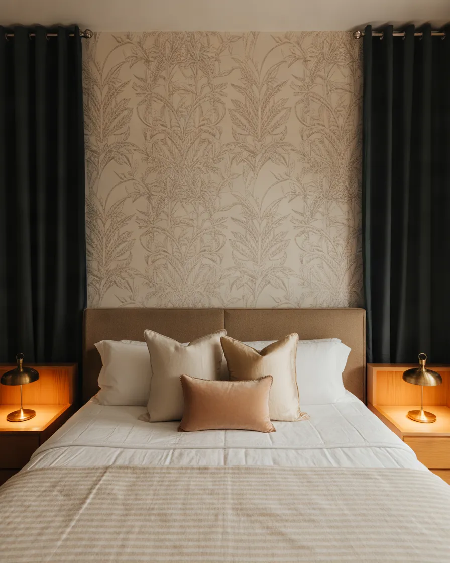 Black-Curtains-with-Patterned-Wallpaper