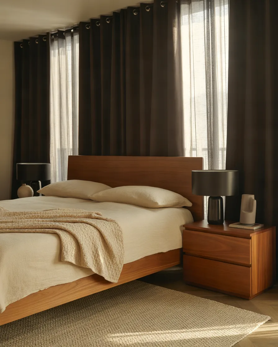 Black-Curtains-with-Warm-Wooden-Furniture