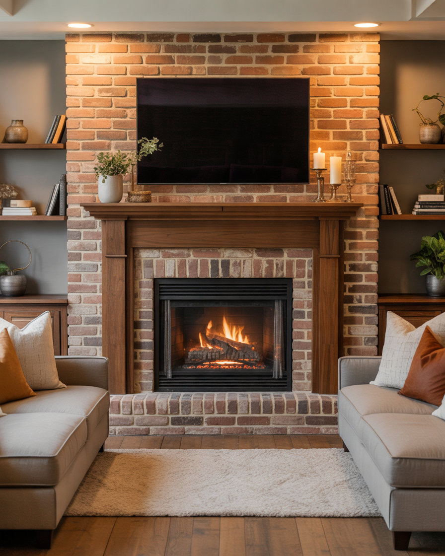 Brick-Fireplace-With-Television-Above-for-a-Practical-Family-Room-Design