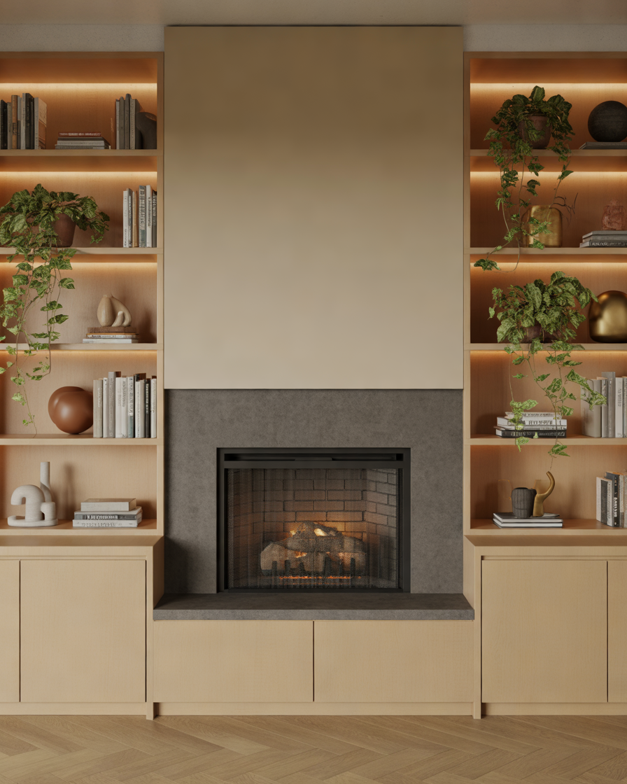 Built-In-Fireplace-With-Custom-Shelving-and-Storage