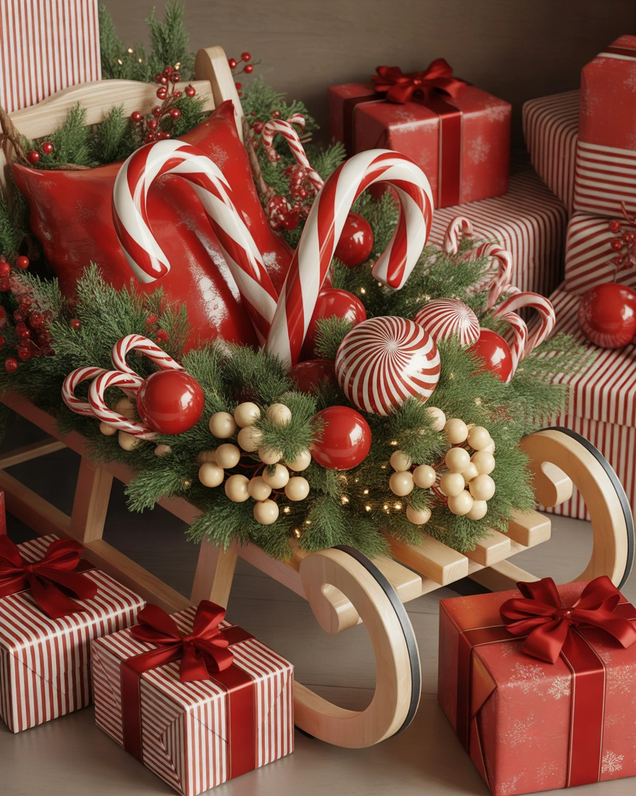 Candy Cane Christmas Sled Decoration