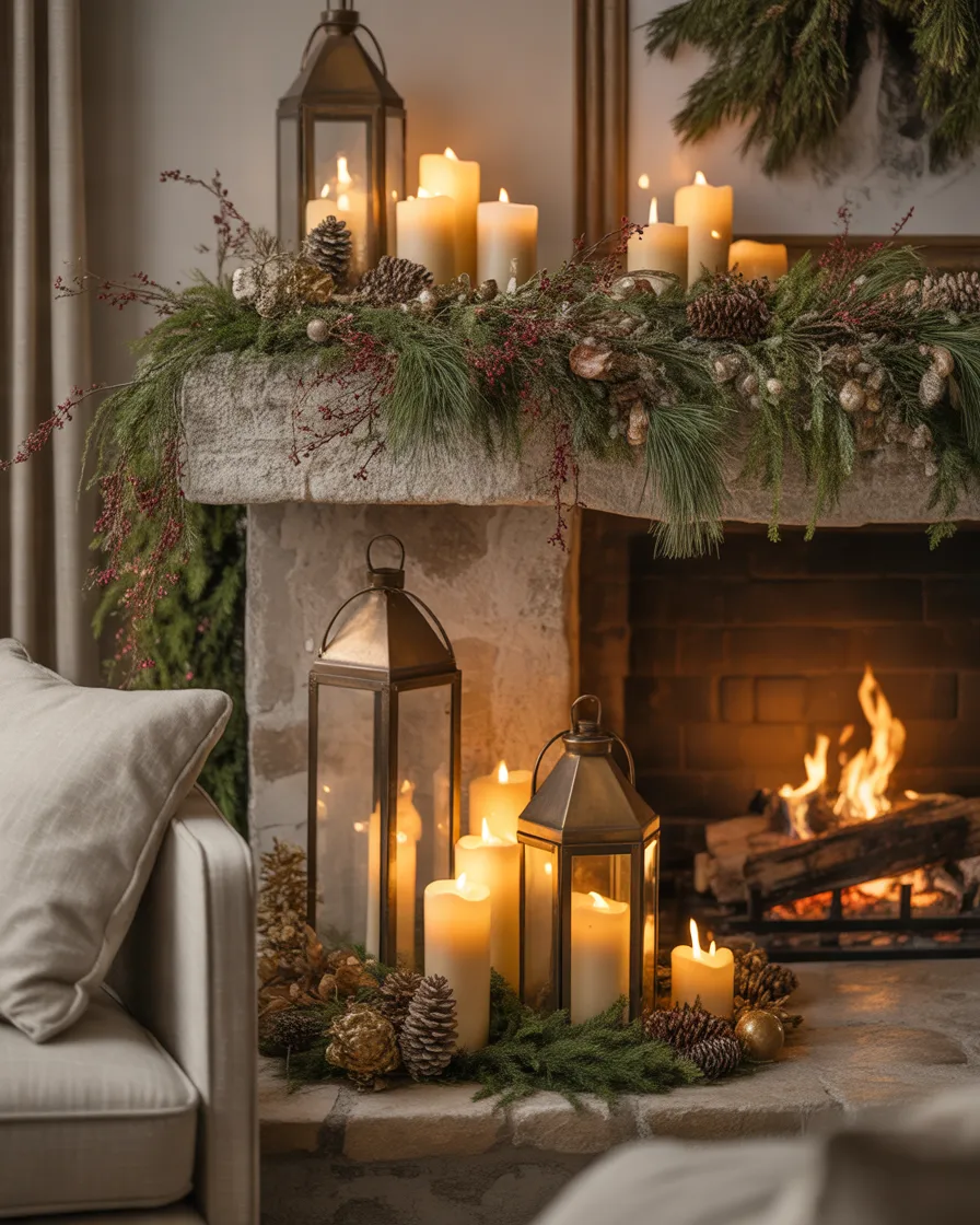Christmas-Fireplace-With-Candles-and-Lanterns