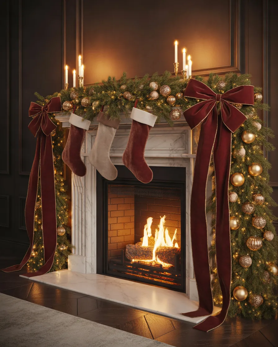 Christmas-Fireplace-With-Oversized-Bows