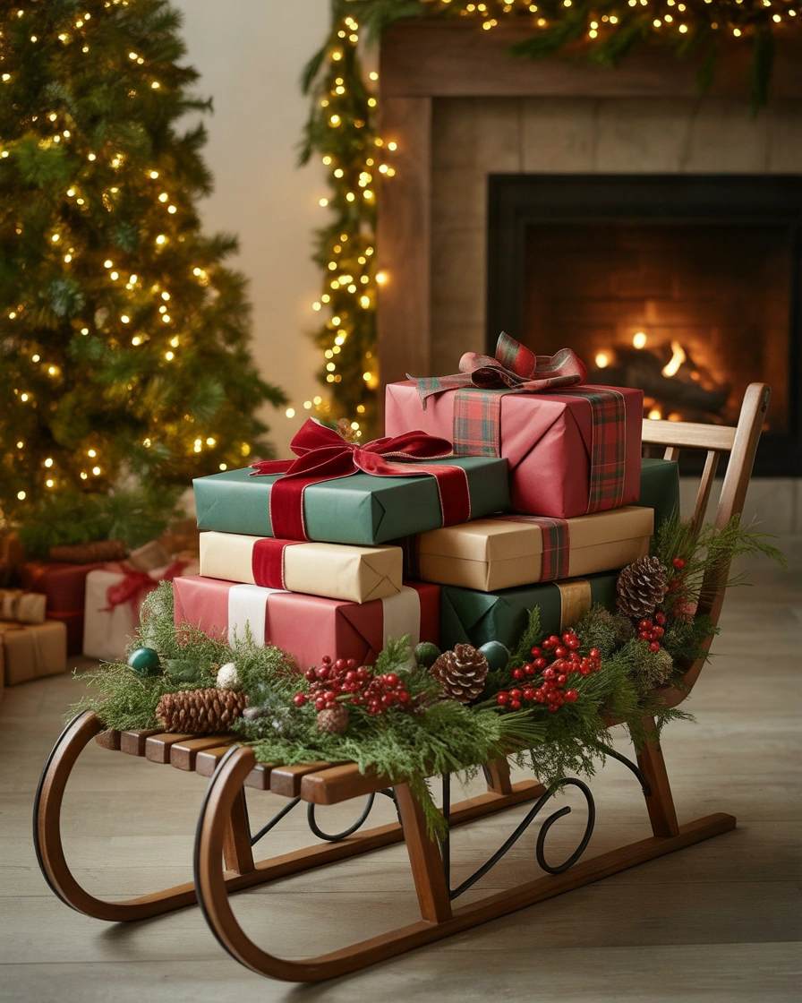 Christmas Sled Decoration with Wrapped Presents