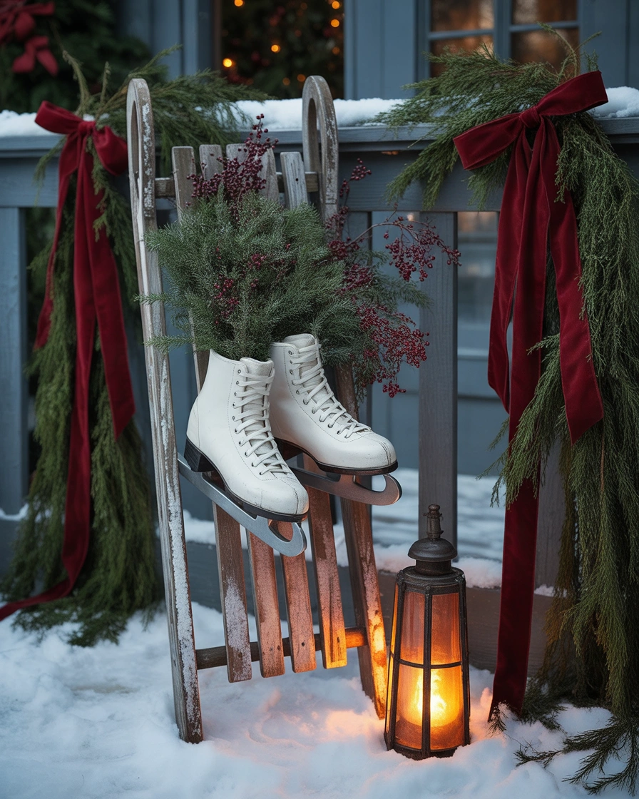 Christmas Sled with Ice Skates and Winter Greenery