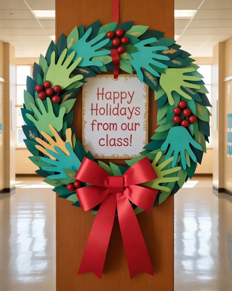 Christmas-Wreath-Classroom-Door-With-Student-Handprints