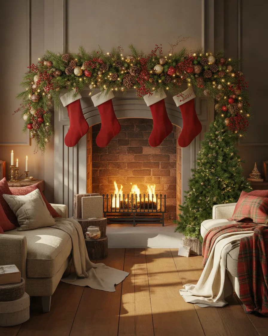 Classic-Christmas-Fireplace-With-Evergreen-Garland