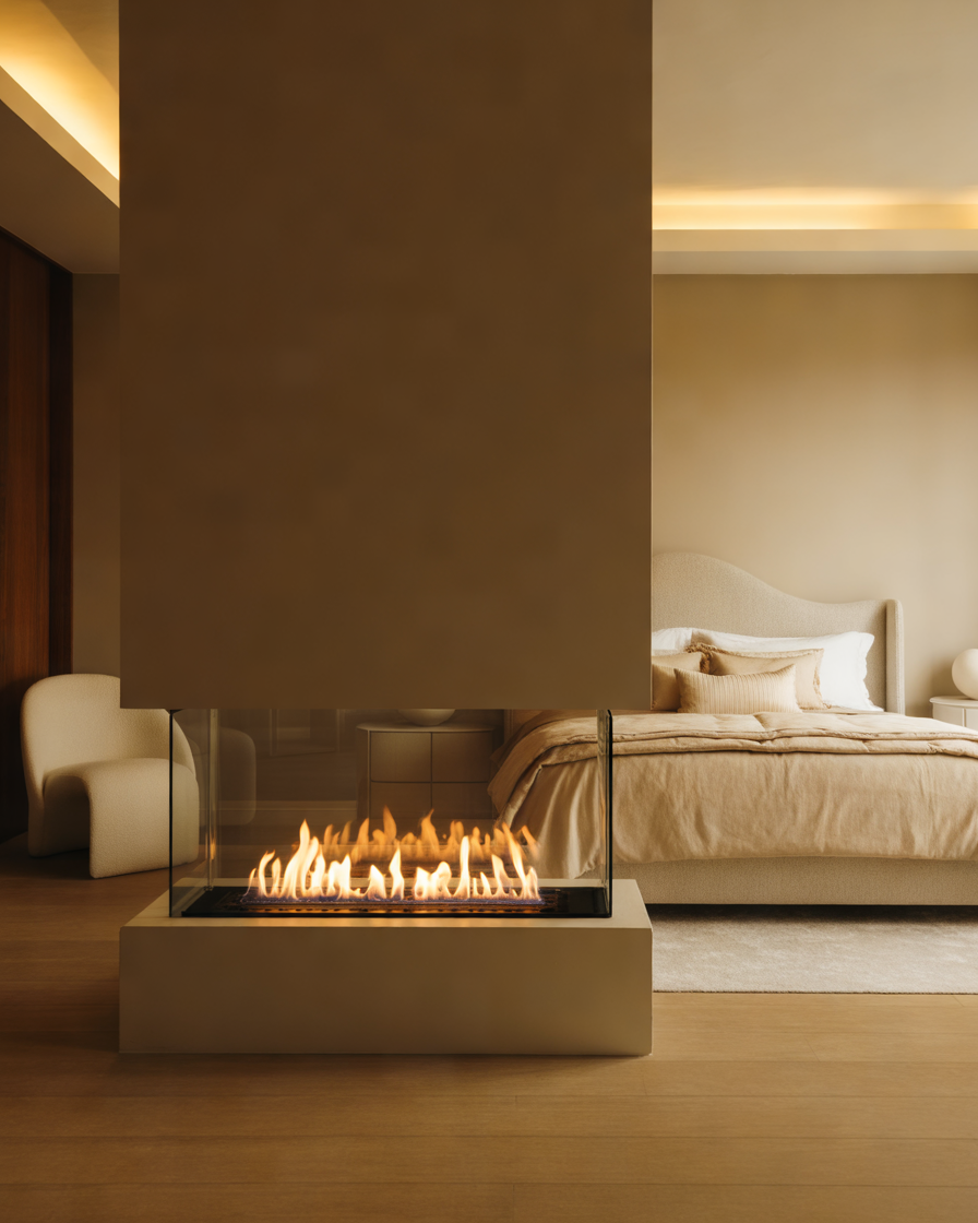 Contemporary-Bedroom-with-a-Romantic-3-Sided-Fireplace