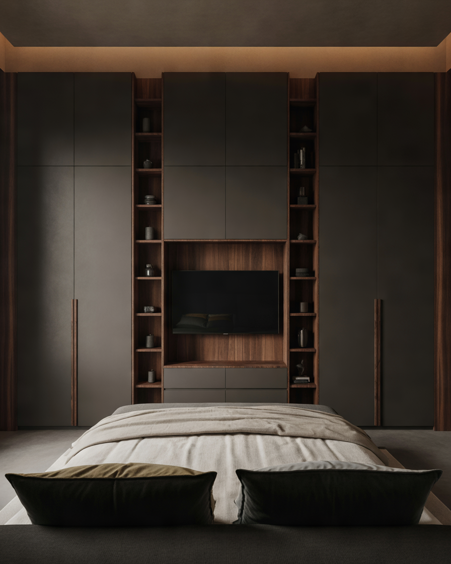 Dark-Color-Wardrobe-With-Entertainment-Feature-Wall