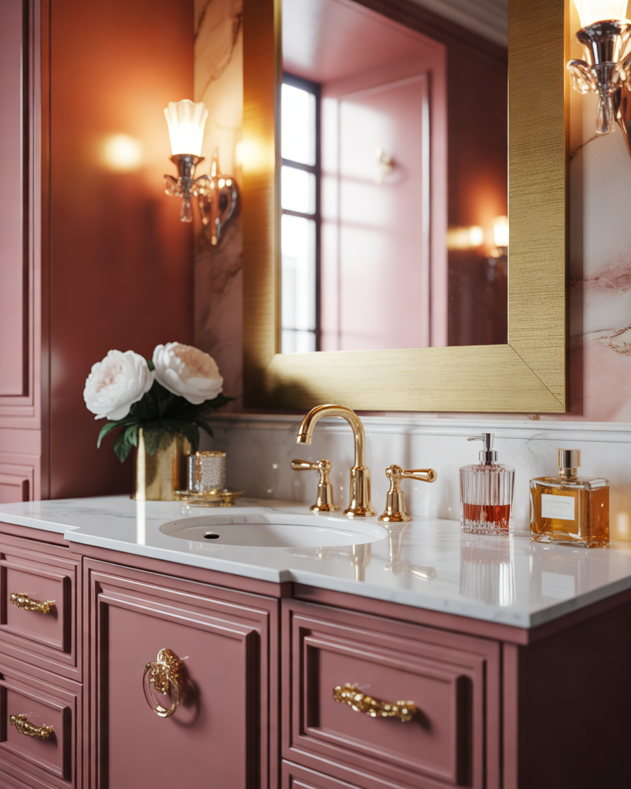 Dark-Pink-Vanity-With-Gold-Hardware-for-a-Glamorous-Bathroom