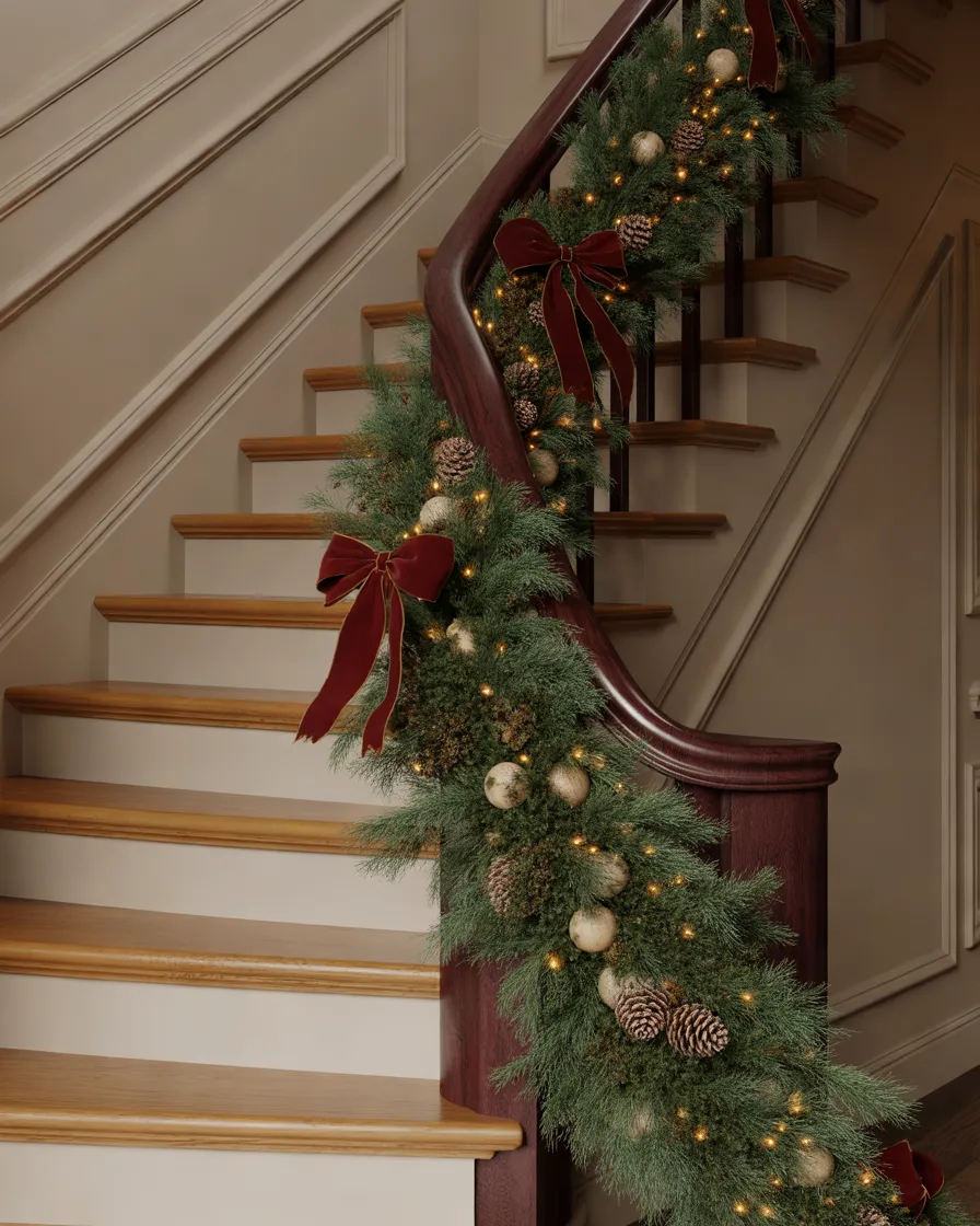 Decorate-Your-Staircase-with-an-Evergreen-Garland