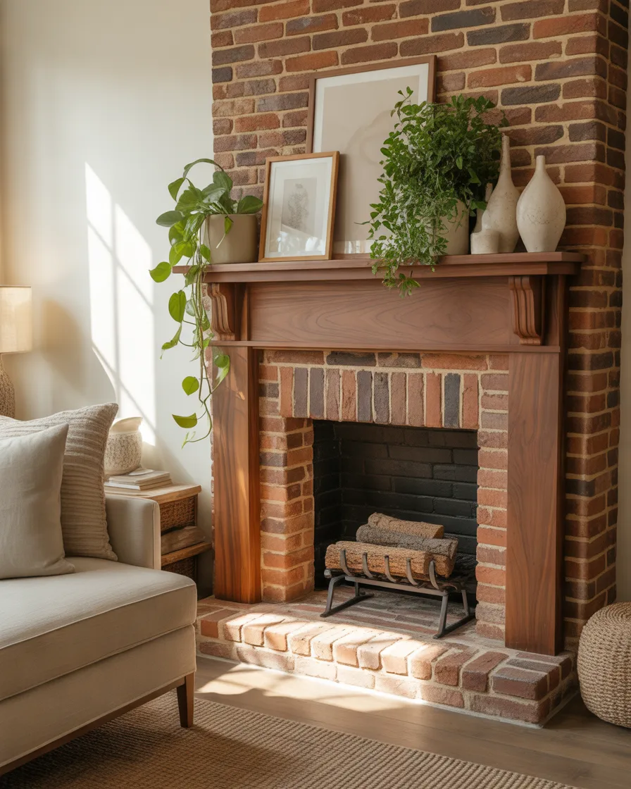 Decorate-a-Brick-Fireplace-Mantel-to-Highlight-Natural-Texture