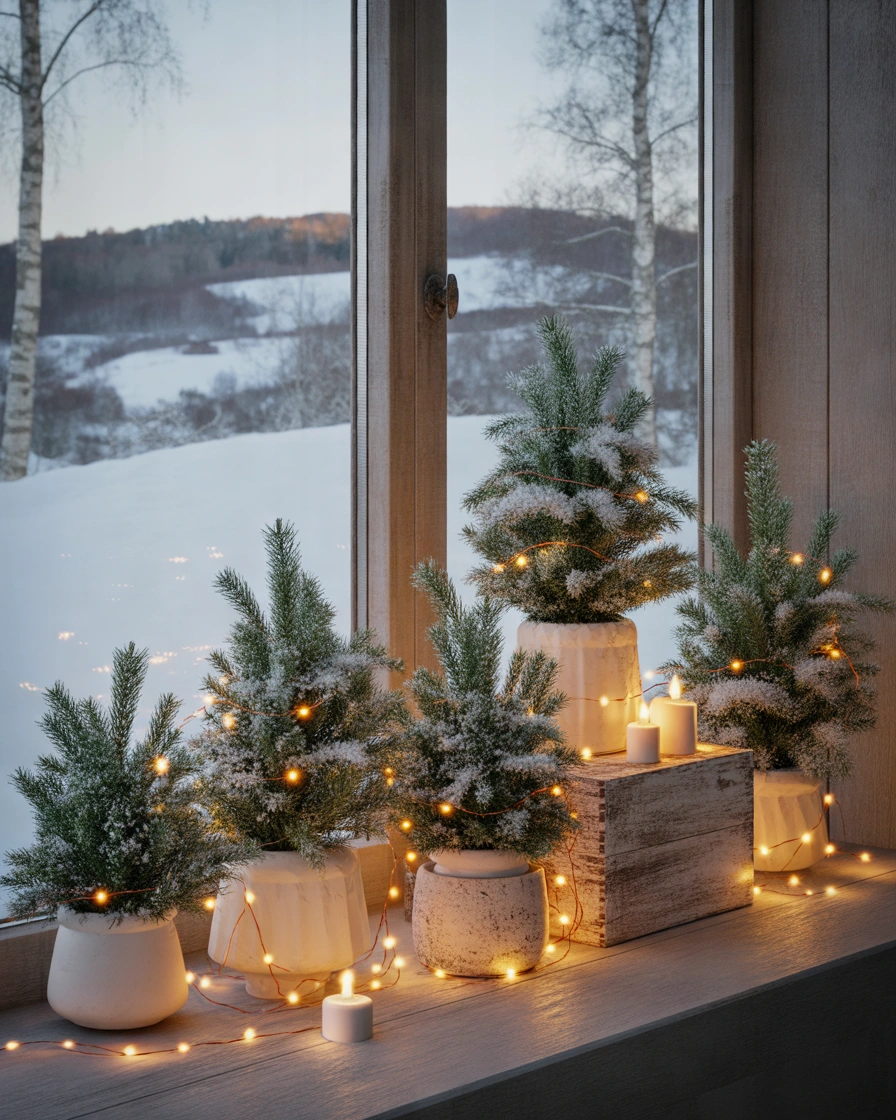 Decorate the Window Sill With Mini Christmas Trees