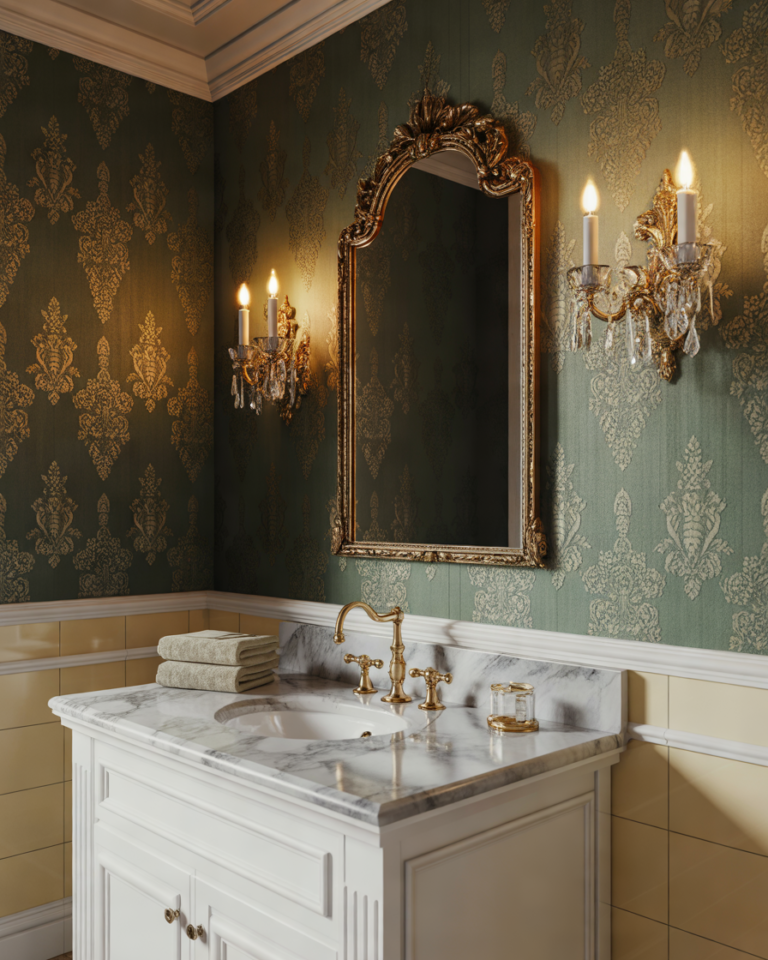 Deep-Green-Damask-Bathroom-Wallpaper