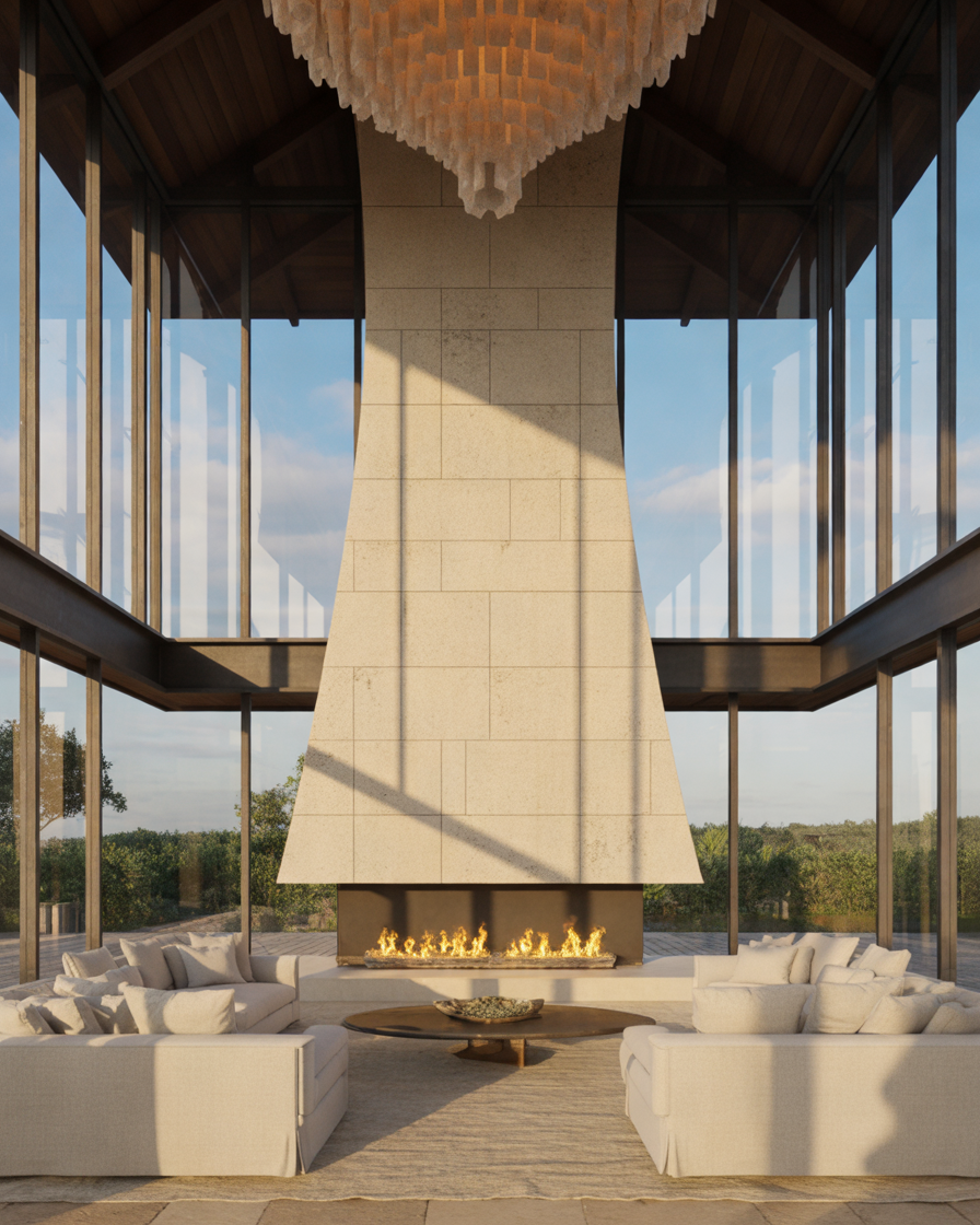 Double-Height-Living-Room-with-a-Grand-Three-Sided-Fireplace
