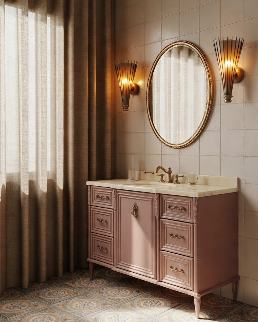 Dusty-Rose-Pink-Vanity-With-Vintage-Bathroom-Charm