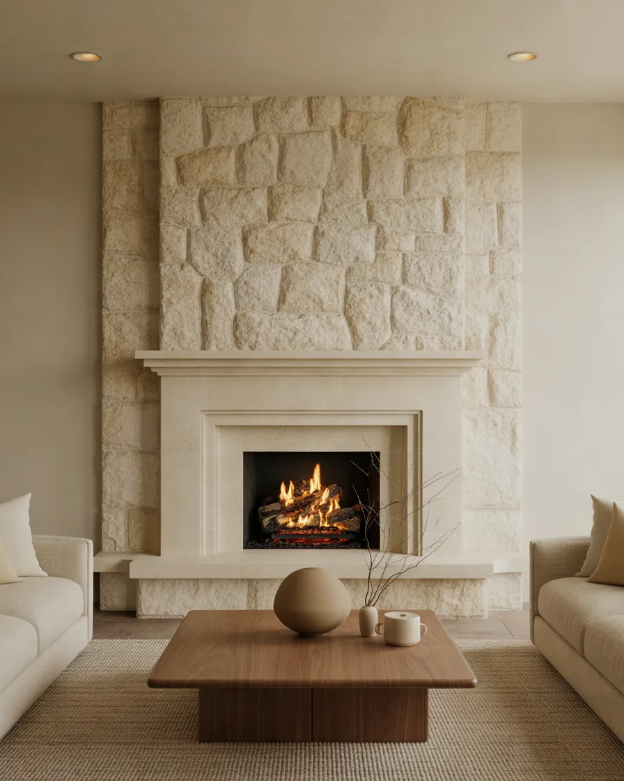 Elegant-Stone-Fireplace-with-a-Raised-Hearth-and-Statement-Decor