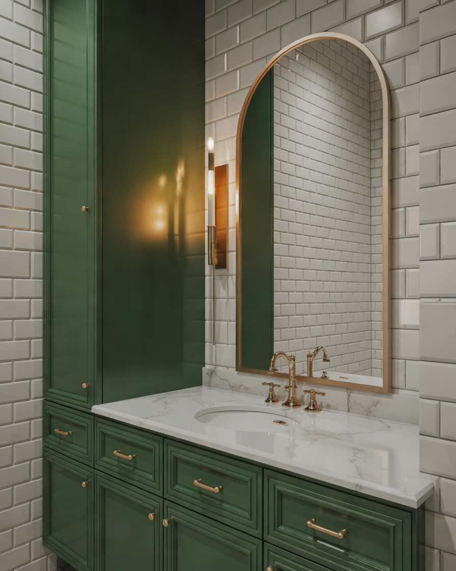 Emerald-Green-Bathroom-Cabinets-with-Elegant-Gold-Hardware
