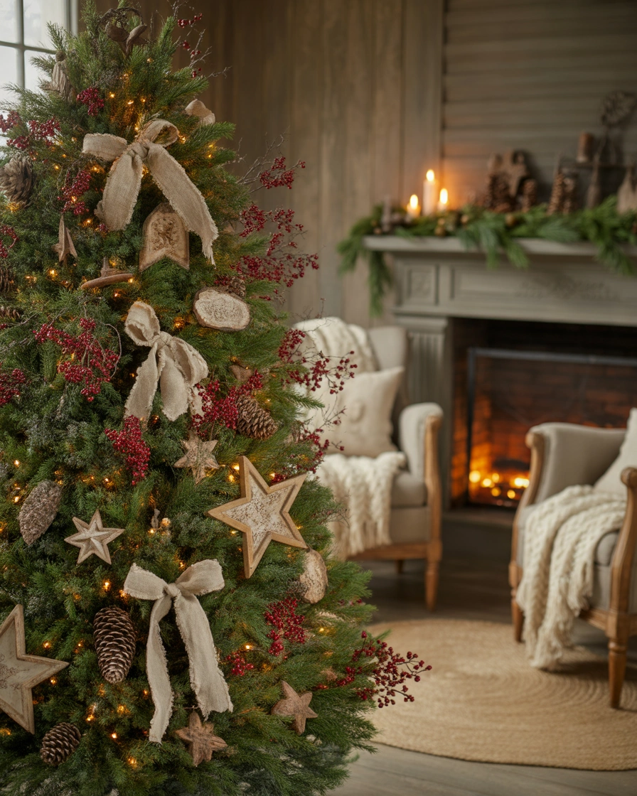Farmhouse Christmas Tree With Red Berries and Pinecones