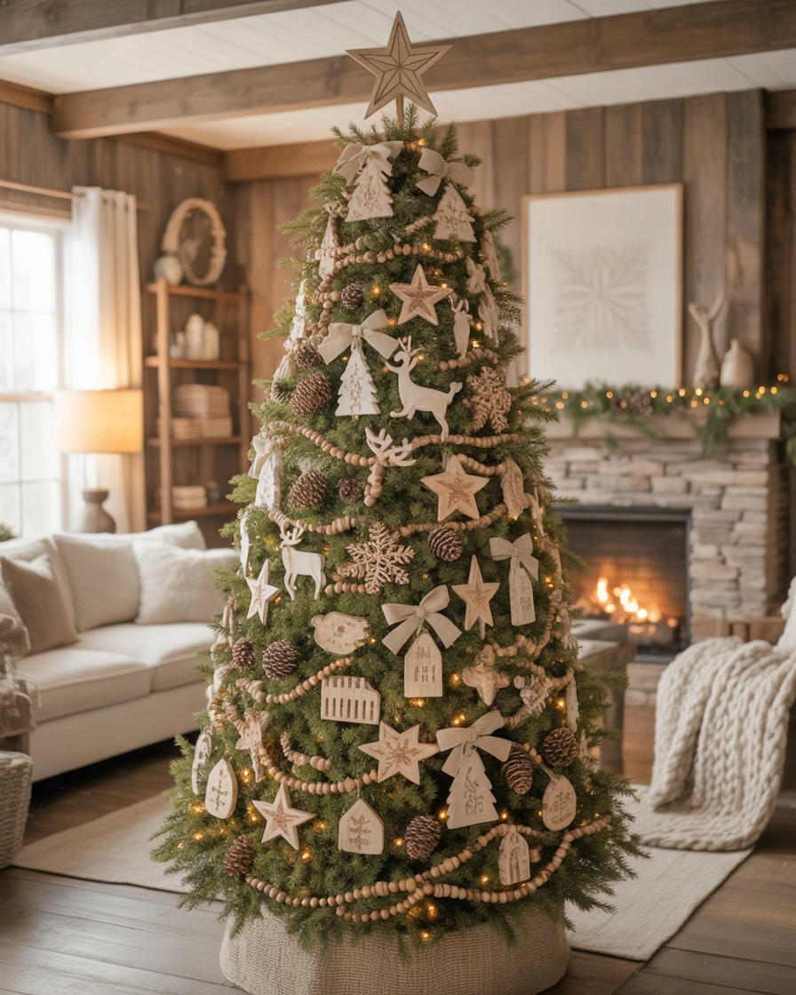 Farmhouse Christmas Tree With Wooden Ornaments