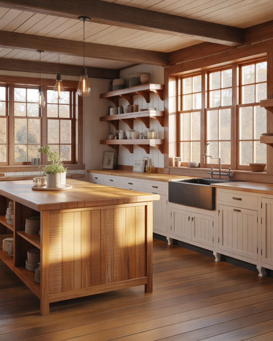 Farmhouse-Open-Kitchen-Design-With-Rustic-Island-Charm