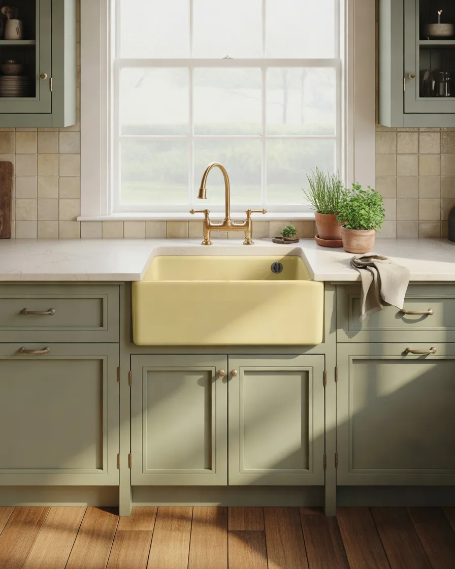 Farmhouse-Sink-with-Green-Kitchen-Cabinets